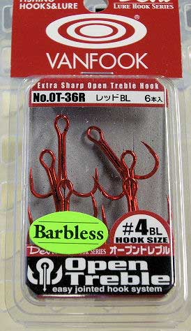 VANHOOK Open Treble OT-36 Barbless Red #4 VANHOOK Open Treble OT-36 Barbless Red #4
